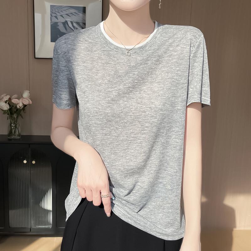 Summer Colorblock Round Neck Knitted Short Sleeve Women's Casual Top