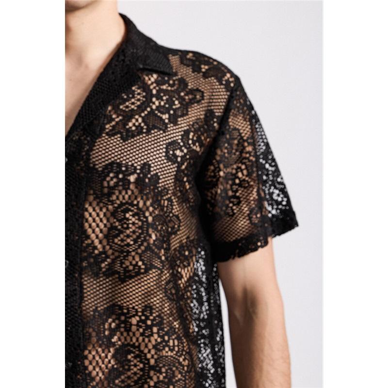 Summer Men's Mesh Lace Knit Short Sleeve Shirt Streetwear Hollow-Out Dance Perspective Shirts Nightclub Disco Performance Tops