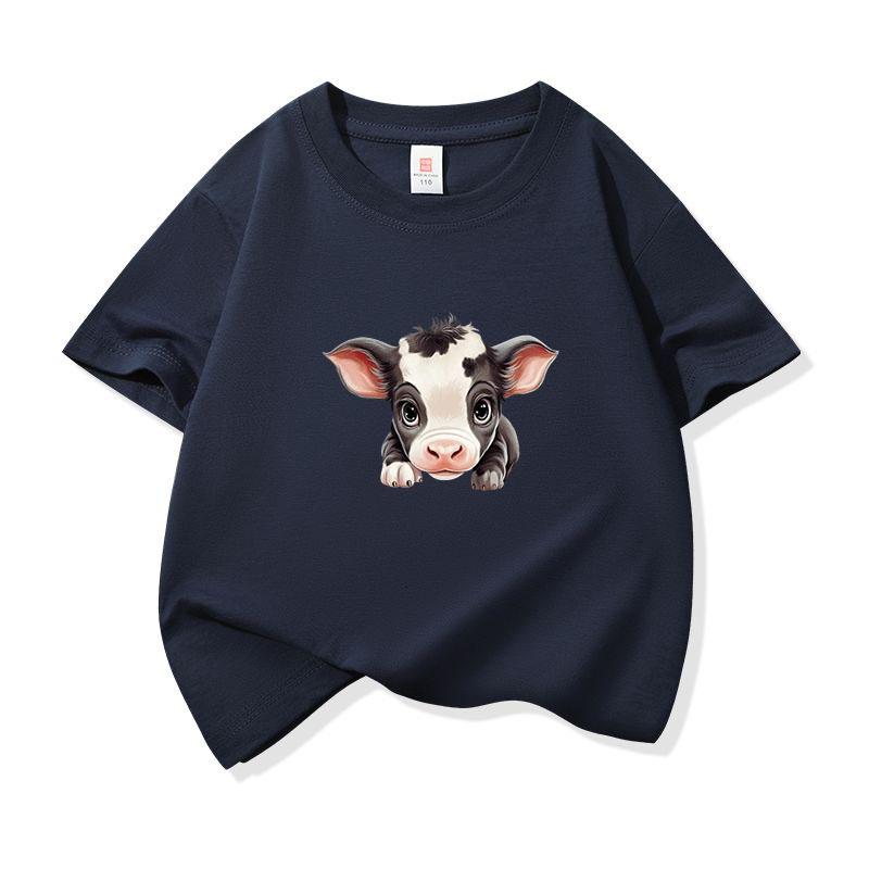 Kids Cotton T Shirt Adorable Baby Cow Peeking Print Crew Neck Short Sleeve Tee Casual Boys Girls Summer Tops