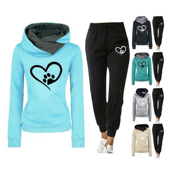 2Pcs/Set Women Autumn Winter Heart Print Sport Outfit Hooded Long Sleeve Front Pocket Sweatshirt Tops Elastic Waist Jogger Pants Tracksuit
