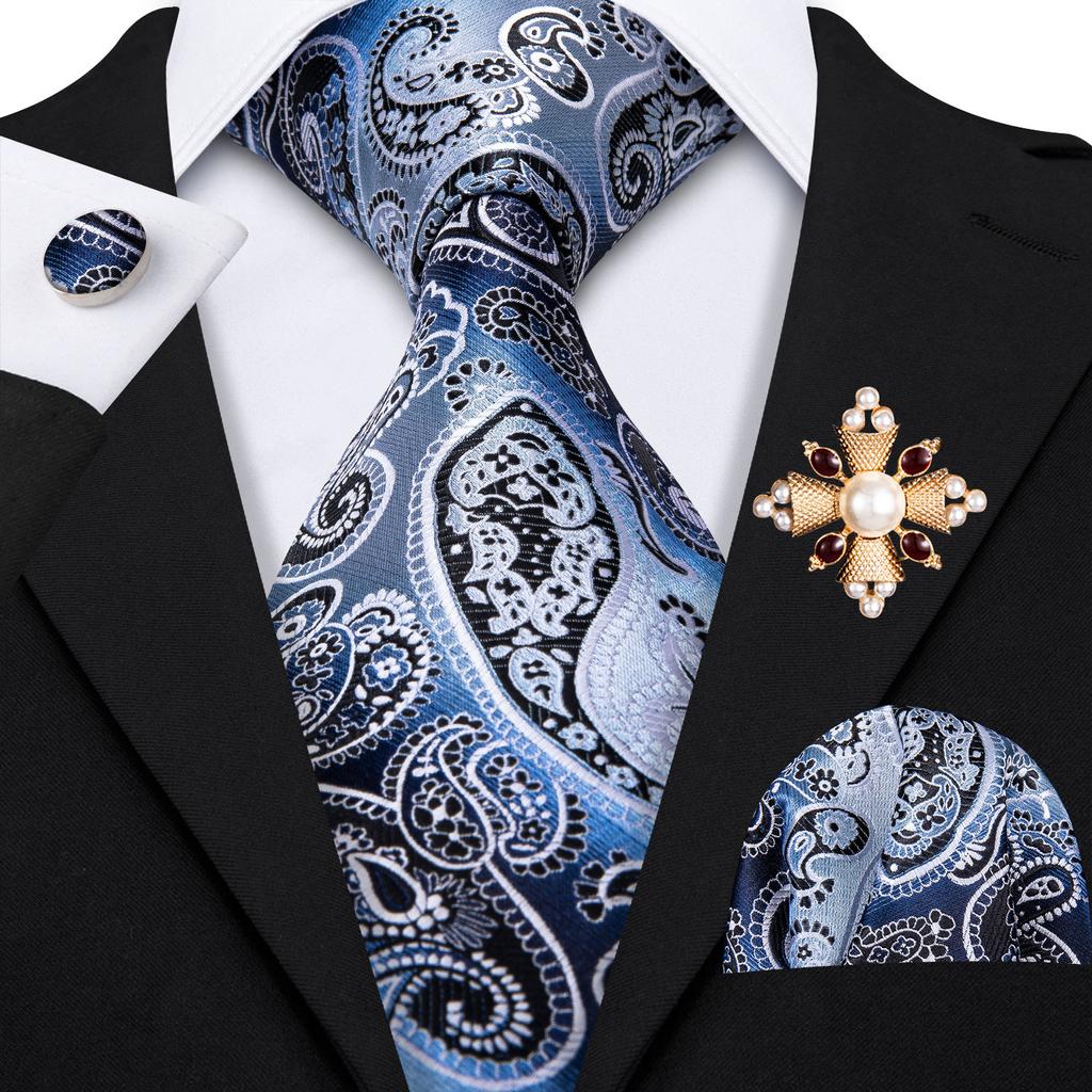 Pearl Brooch with Silk Tie for Men Vintage Floral Teal Necktie Hanky Cufflinks Gift Formal Set