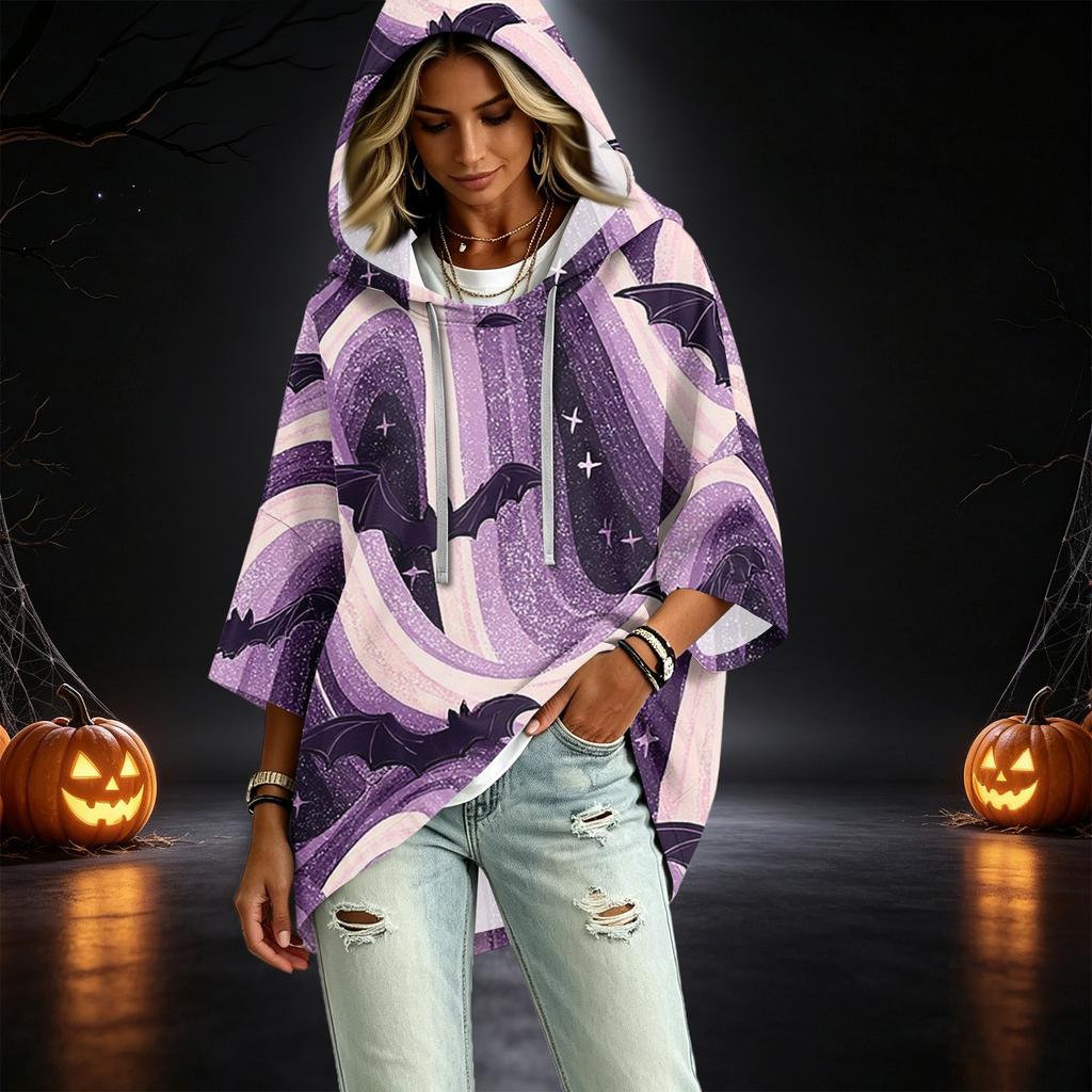 Women's Fashionable Three-Quarter-Sleeve Halloween-Printed Hooded Pullover