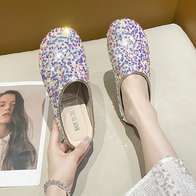 Fashion Sequined Toe Half-slipper Women's Outerwear 2025 Autumn French Style with Skirt Flat Lazy Large-sized Flip-flops