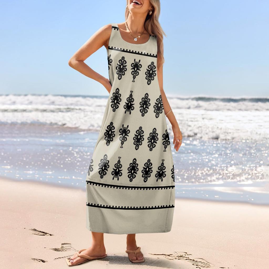 Women's Casual Long-length Sundress Summer Beach Printing Dress Round Neck Sleeveless Loose Sundress