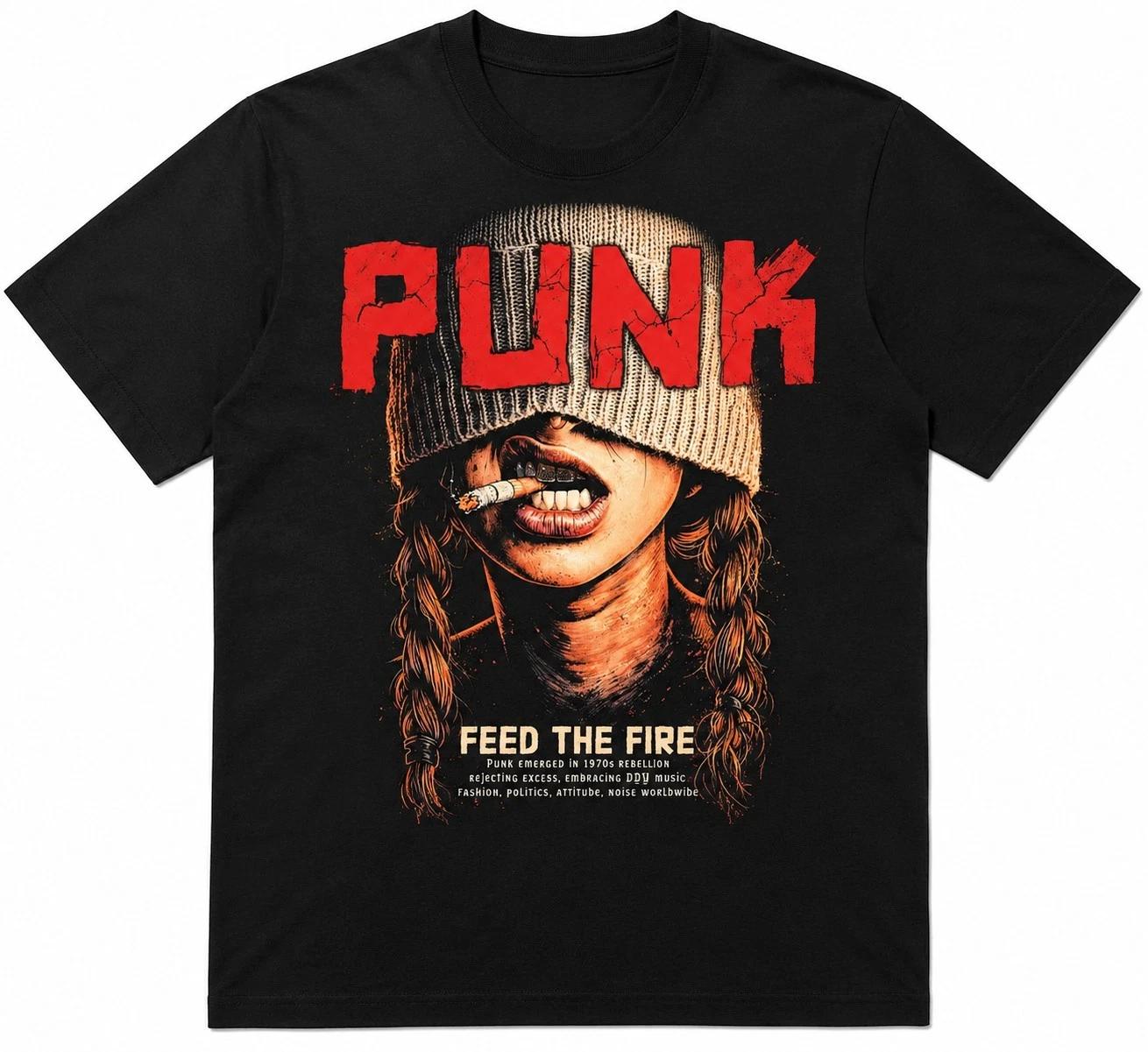 Punk Rock T-Shirt Feed The Fire Vintage Band Merch Graphic Tee Grunge Black Top 4XL
