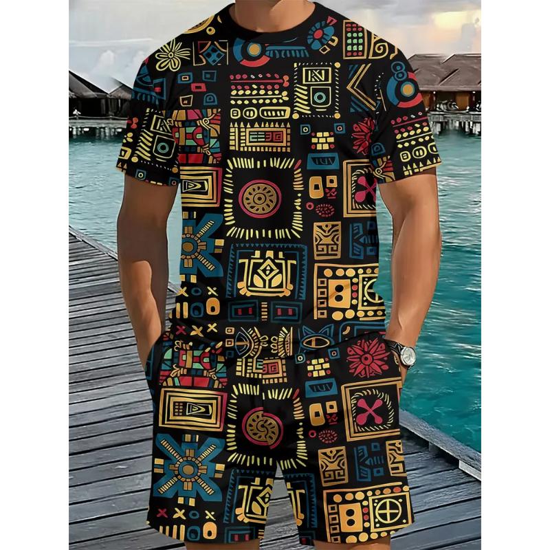 Fashion Men's Casual Suit 3D Casual Color Printing Summer T-shirt Shorts Simple