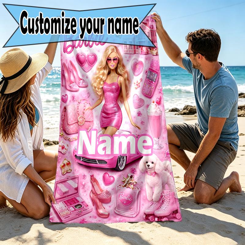 Custom Name Personalized Barbie Print Beach Towel, for Trip Camping Beach Party Home Decor, Birthday Gift for Family & Friends