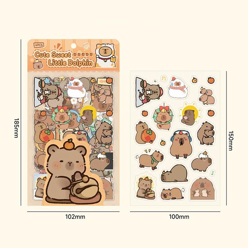 6Sheets/Pack Cute Cartoon Capybara Stickers Transparent Waterproof Stickers School Supplies Diary Decoration Stickers Stationery