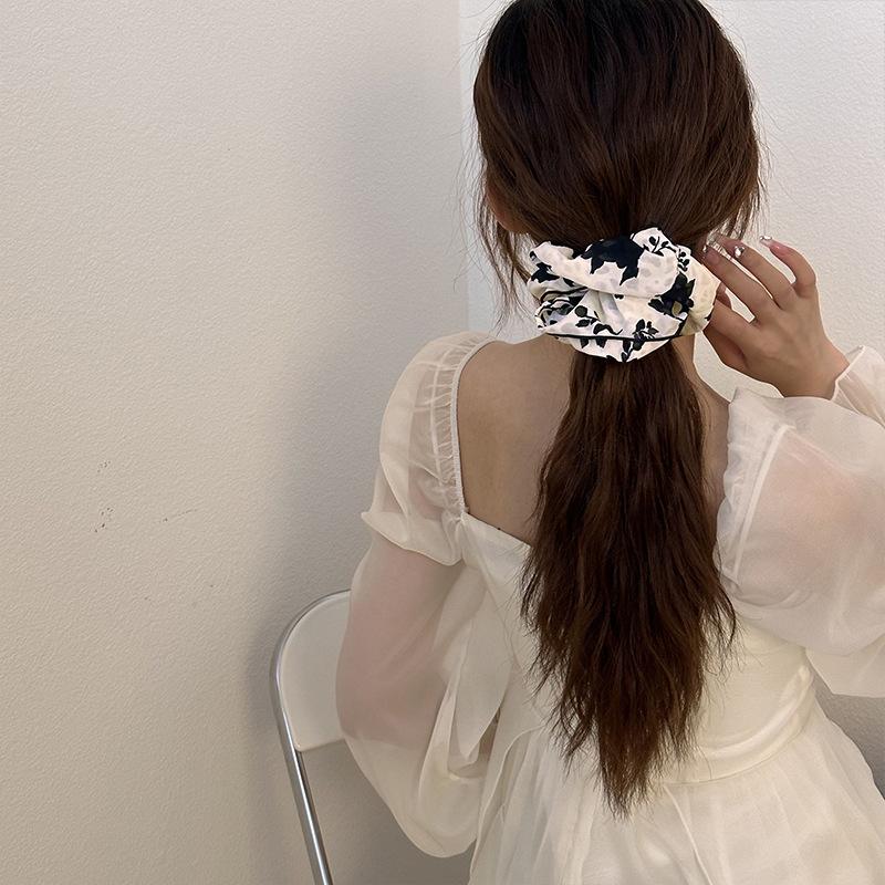 New Vintage Print Bow Ink Skirt Elastic Scrunchie Headband Elegant Fashion Lady Ponytail Streamer Hair Rope Hair Accessories