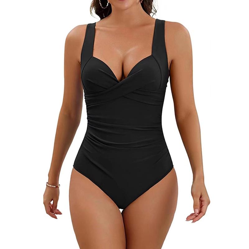 2024 Fashion Solid Color Slimming One-Piece Swimsuit – European American Sexy Tummy Concealing Backless Swimwear