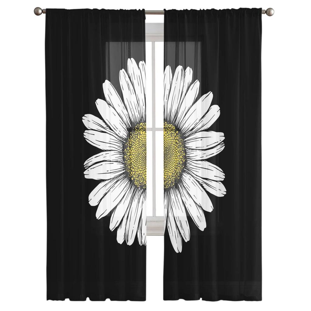 Daisy Black Background Tulle Curtain Home Office Window Decor Bedroom Kitchen Balcony Modern Sheer Curtain