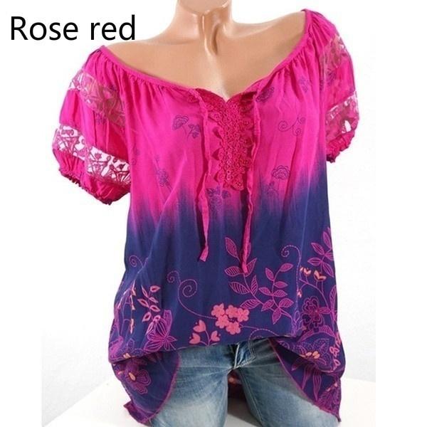 New Women Summer Casual Floral Printed Tops Short Sleeve Shirts Blouses  Summer Fashion Casual Top Blouse Plus Size XS-5XL