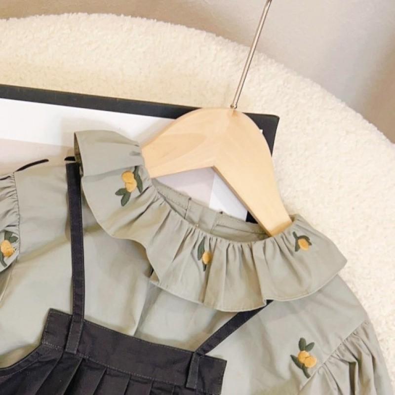 

Fashionable Korean Girls Floral Blouse And Dungaree Skirt Outfit Set For Autumn Season Floral Blouse,130