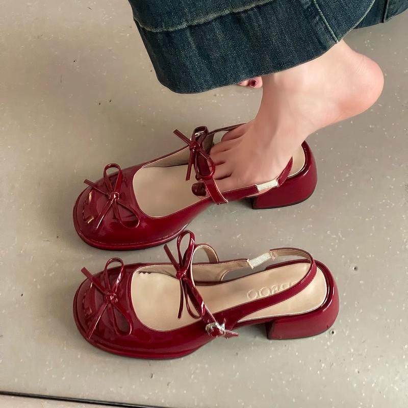 Casual Mary Jane shoes women's summer fashion patent leather square head bow small leather shoes shallow mouth thick high heel single shoes