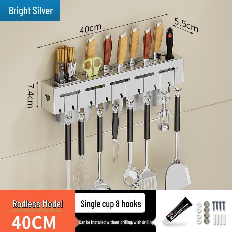 Stainless Steel Wall-Mounted Knife & Chopstick Holder with No-Punch Hanging Design