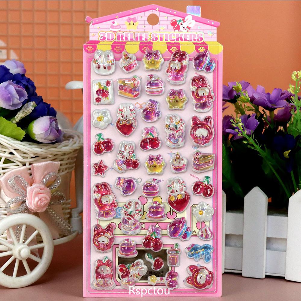 1pcs Cute Rabbit Bear Food Cartoon 3D Crystal Stickers Funny Marine Animals Three-dimensional Relief Decals for Notebook Phone