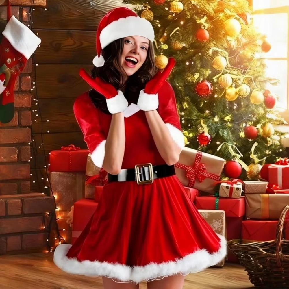 Christmas Tree Skirt Christmas Dress Red Red Cosplay Dress Socks Mrs. Claus Costume Set Women