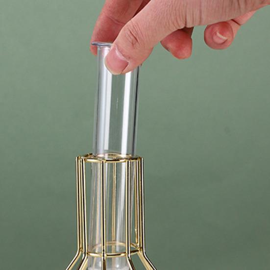 Nordic Simple Glass Clear Vase with Iron Art Frame for Hydroponic Planter Transparent Test Tube Pot Decorative Metal Flower Vase for Table