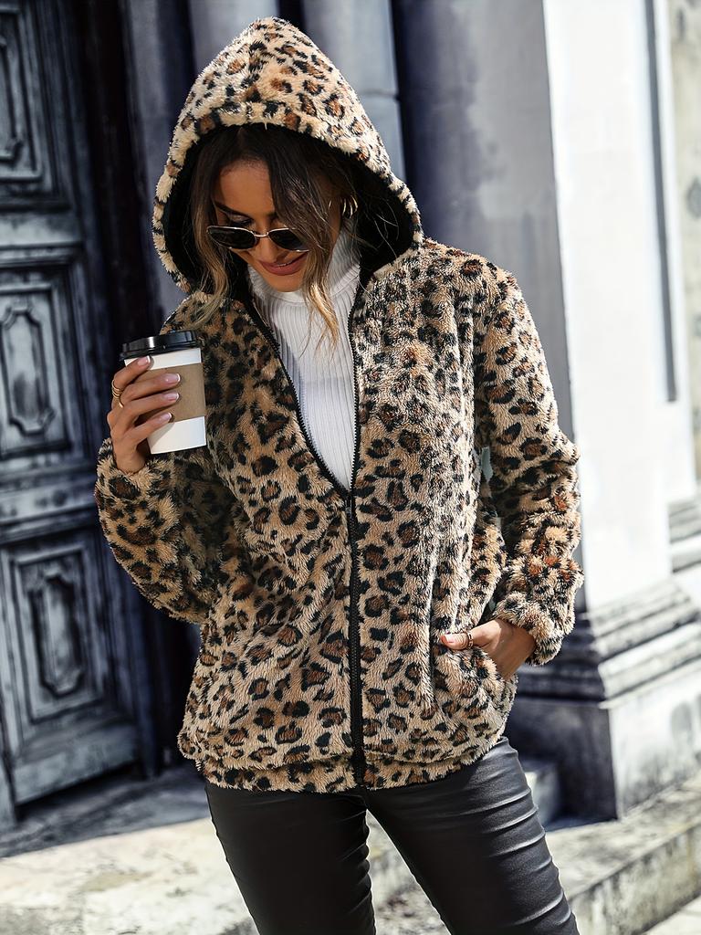 Leopard Pattern Zipper Hooded Teddy Coat, Versatile Long Sleeve Thermal Outwear For Fall & Winter, Women's Clothing