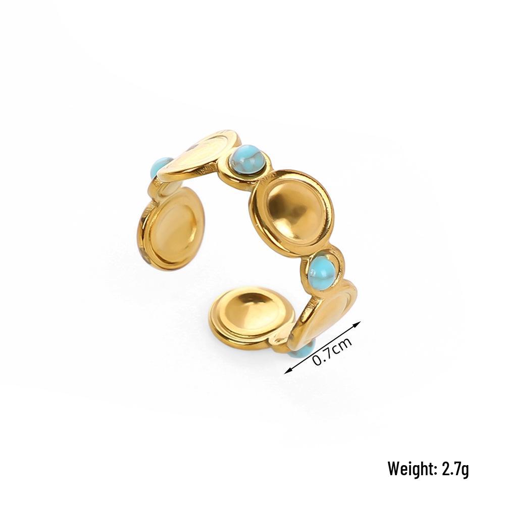 European Ethnic Colorful Stone Open Stainless Steel Drip Oil Turquoise Adjustable Ring