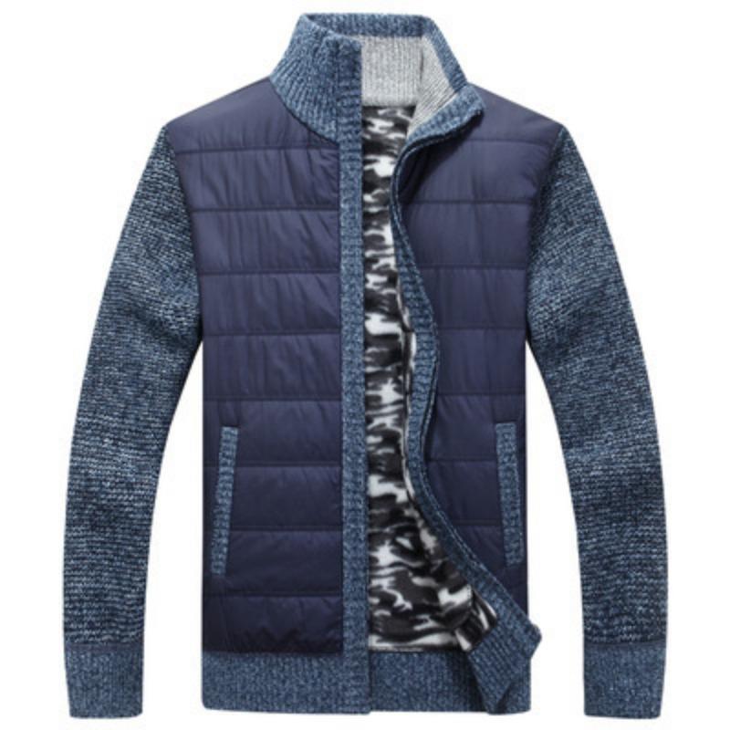 Winter Men's Warm Knitted Jacket with Plush and Thick Standing Collar Men's Loose Size Padded Cardigan