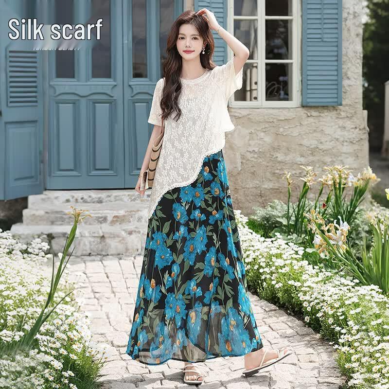 Women s Summer Irregular Blouse & Printed Slip Dress Set S
