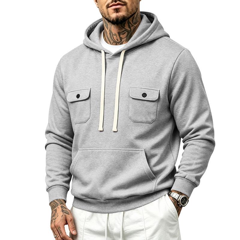 Men’s Heavyweight Fleece-Lined Outdoor Sports Loose-Fit Workwear Plain-Coloured Hooded Sweatshirt for Autumn/Winter