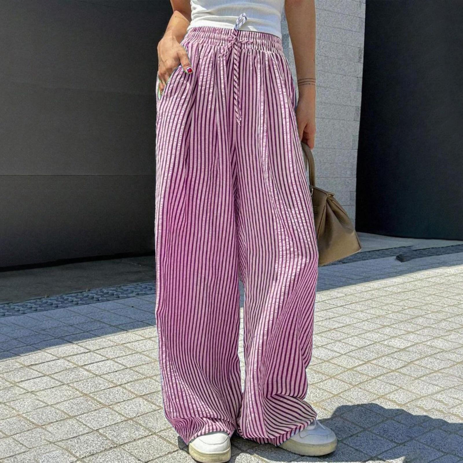 

Women s Striped Casual Straight-Leg High-Waisted Loose Trousers XL