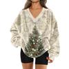 Women's Fashionable V-neck Christmas Printed Long Sleeved Casual Pullover Plush Warm Sweatshirt Top