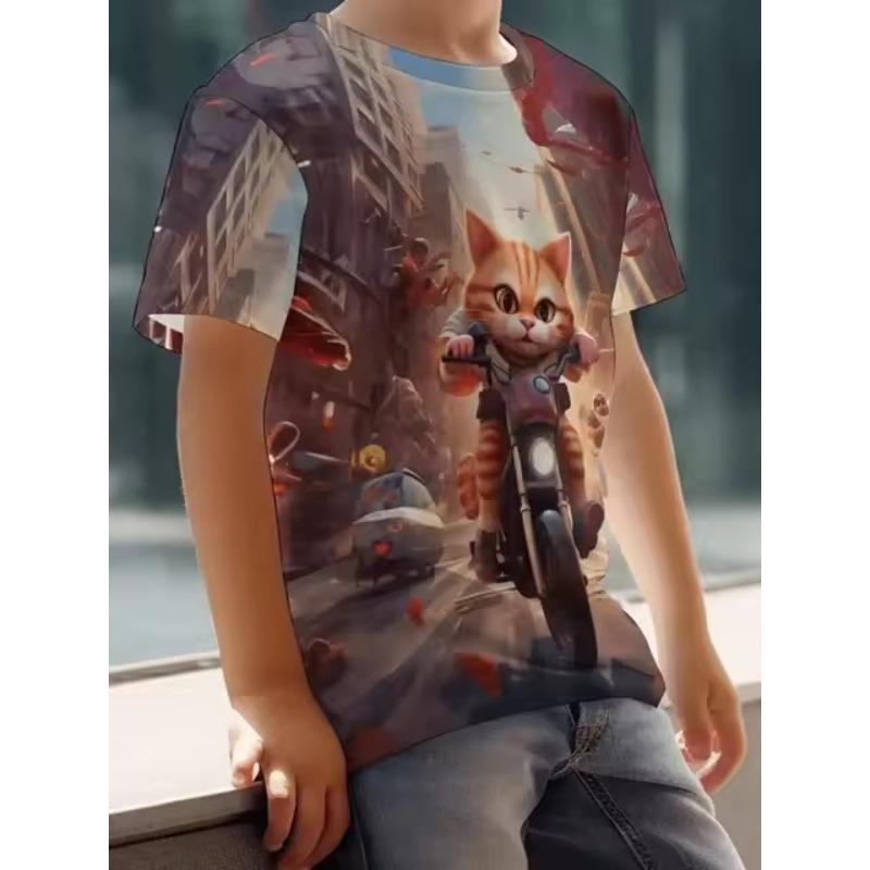 Cool Dog Motorcyclist Tričko s 3D digitálním vzorem pro muže, tričko Street Style Crew Neck Neck, ležérní top s krátkým rukávem, pánské oblečení na letní denní nošení