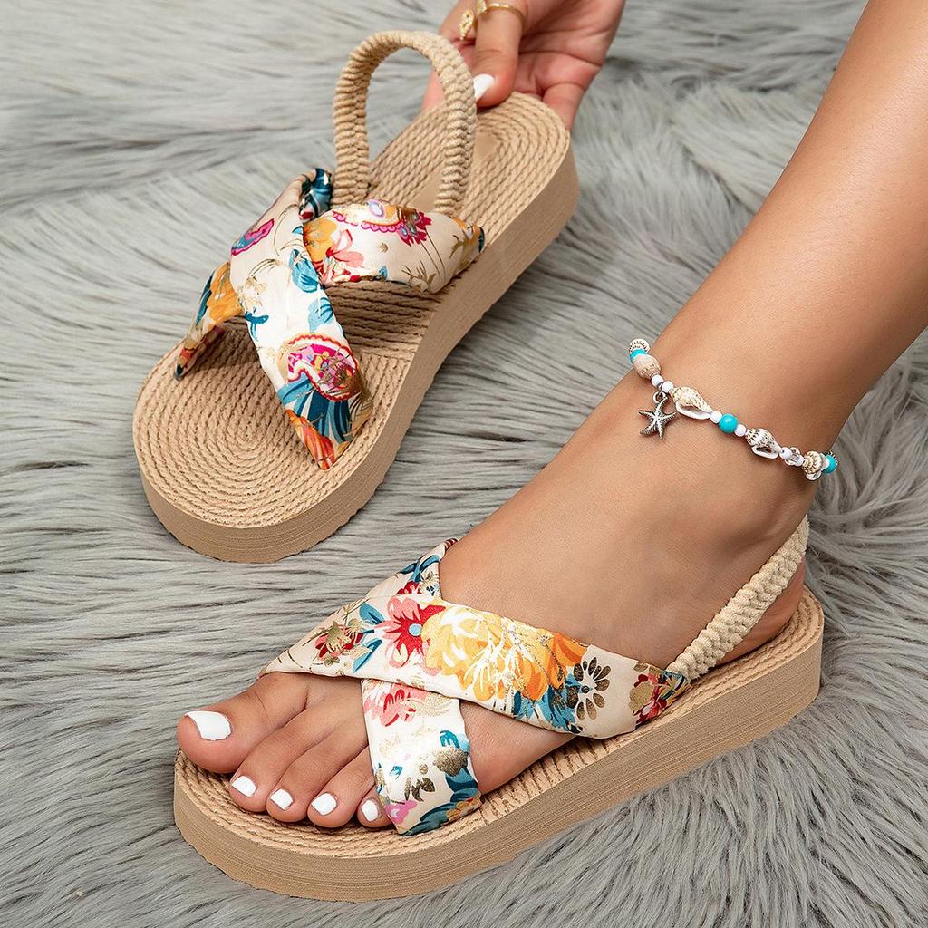 Summer Flip-flops for Women, Bohemian Silk Fabric Slip-on Sandals, Casual Wedge-heeled Beach Sandals for Women