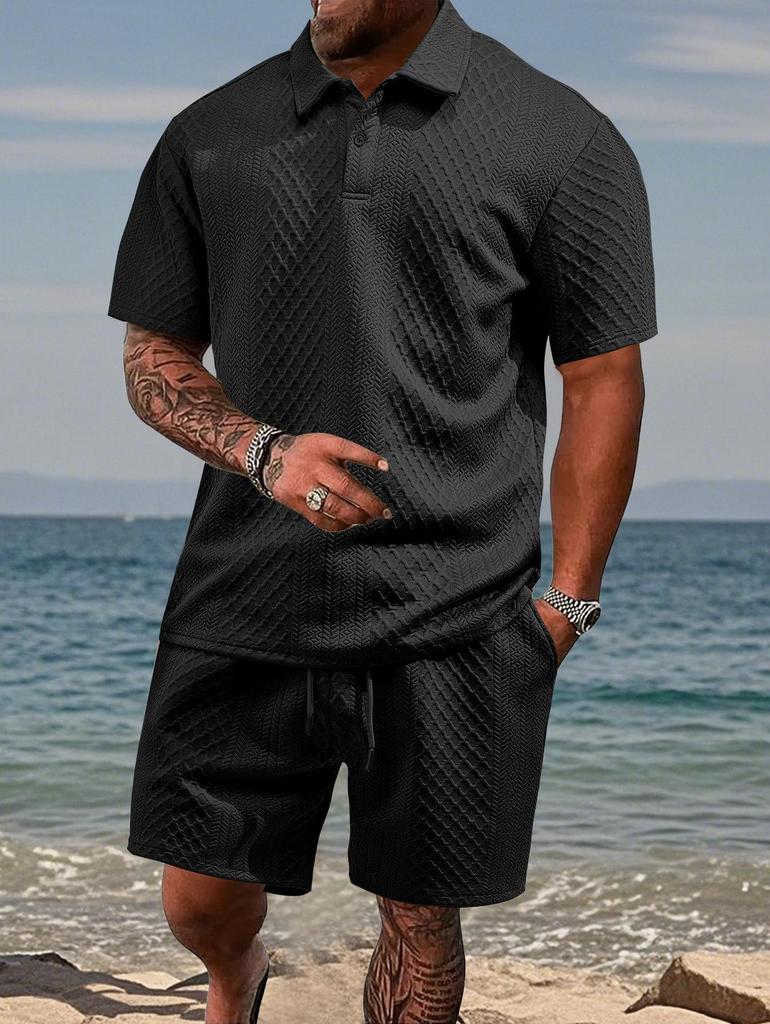 Men's Summer Jacquard Button-Down Polo Shirt & Shorts Set - Casual Sportswear Collection
