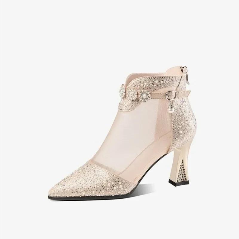 2025 New Mesh Boots Pointed Toe Ankle Boots Woman Patent Leather Short Sandals Gold Color Female Ladies Zip Elegant Heeled Shoes