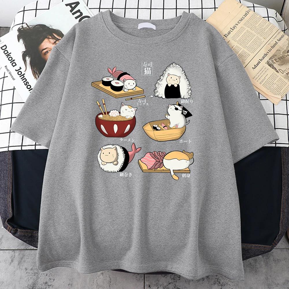 Food Cute Cat Sushi Cartoon Style Men 100% Cotton Short Sleeve Harajuku Casual Printed T-shirt Fashion Men's T-shirt Clothing