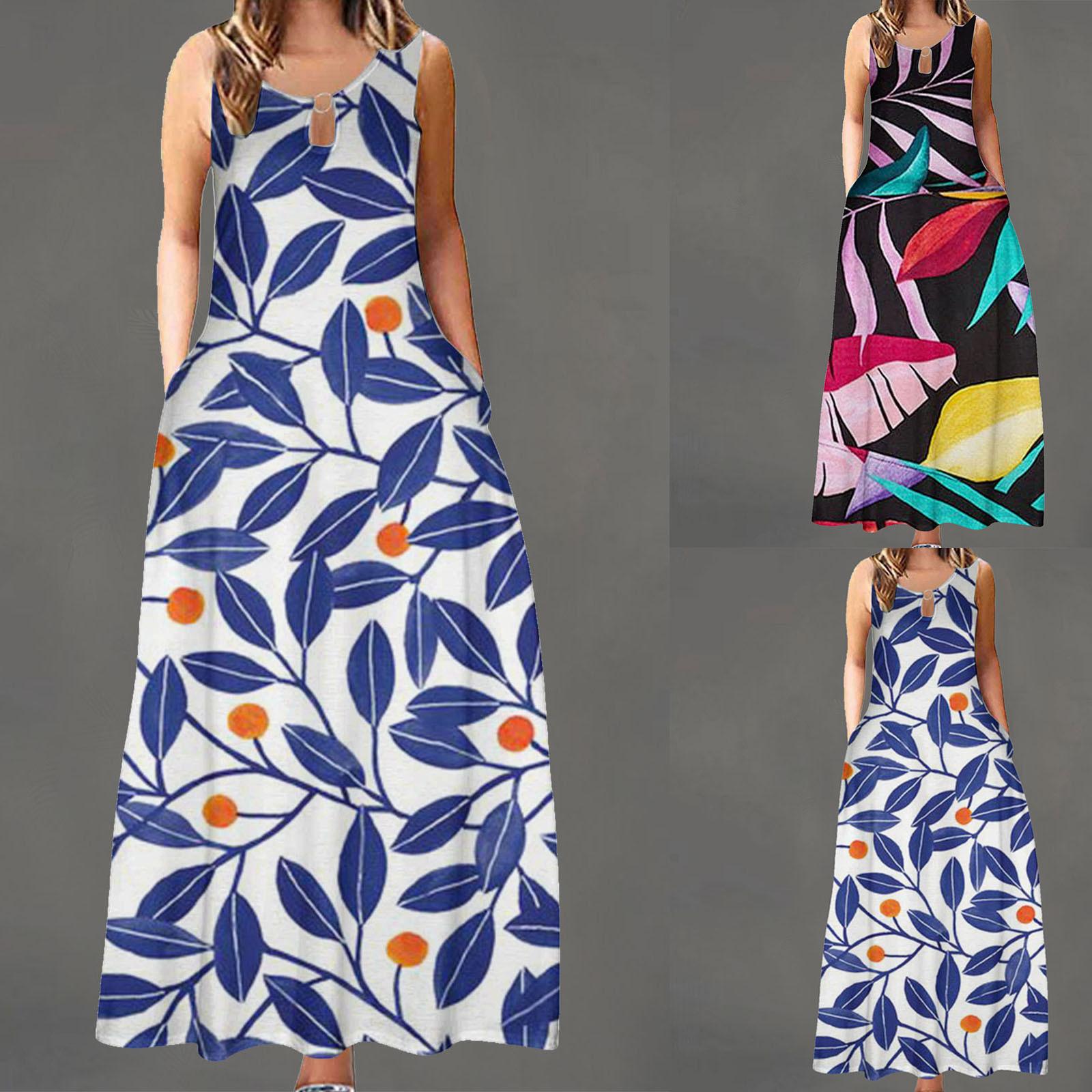 

Женское летнее свободное платье без рукавов с круглым вырезом и карманами