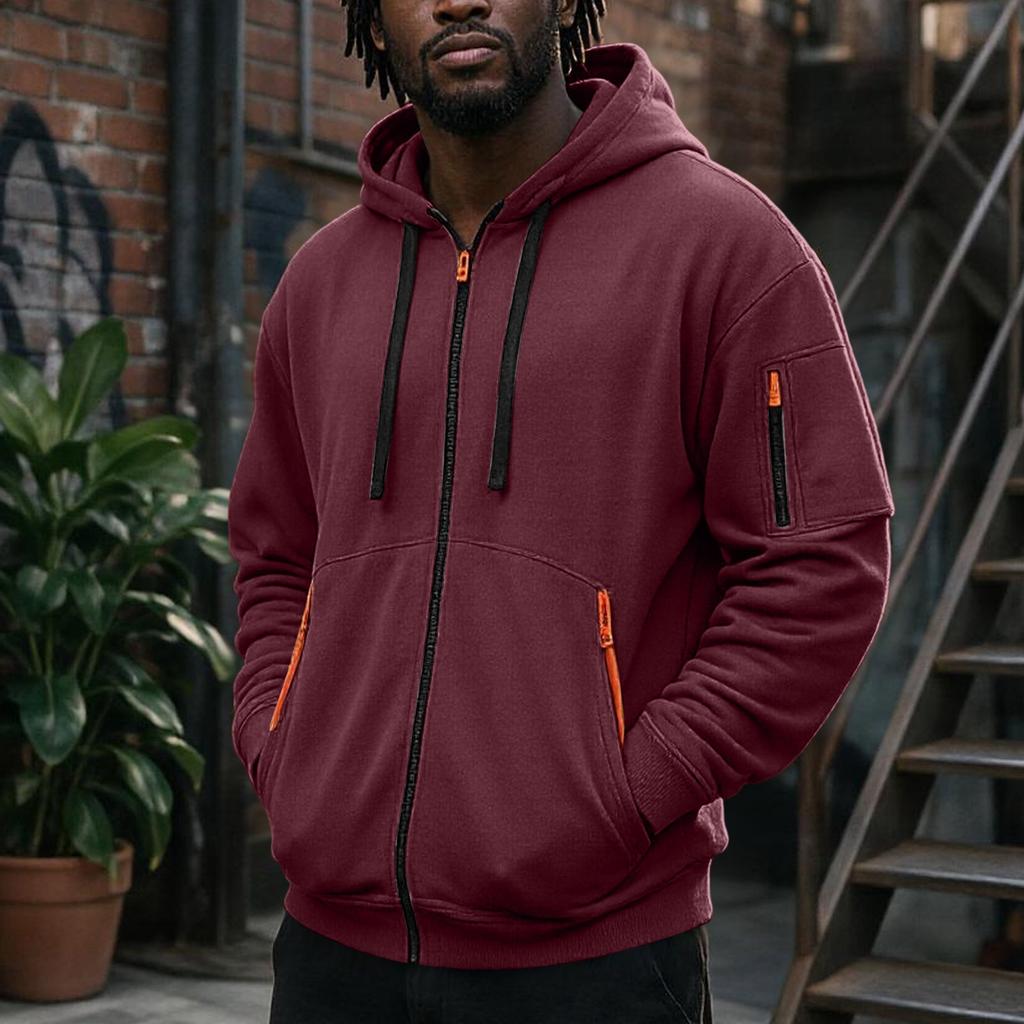 Men's Zip-Up Hooded Jacket with Multiple Pockets Athletic Casual Top for Daily Wear