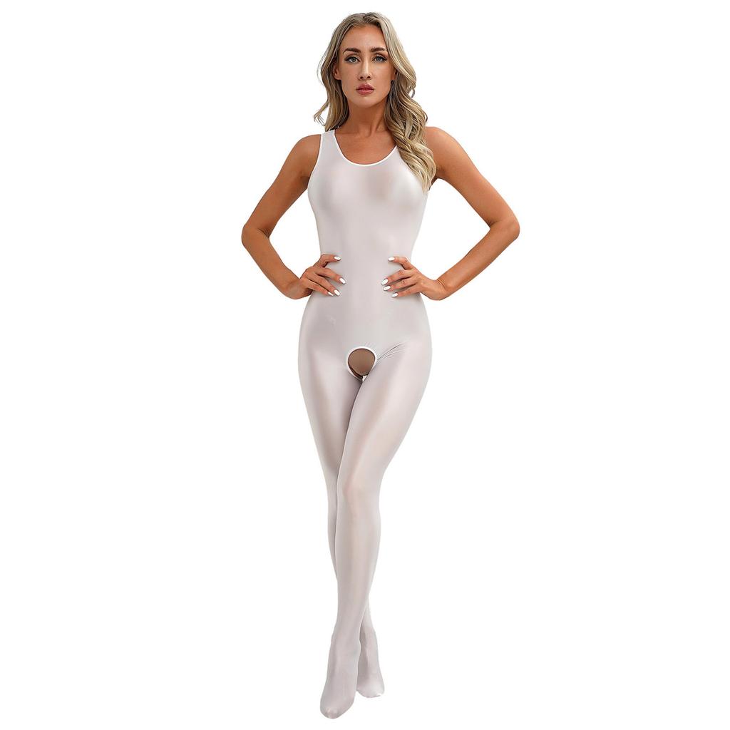 Womens Solid Color Full Body Bodysuit U Neck Sleeveless Footed Hole Jumpsuits Glossy Stretchy Unitard Bodysuits