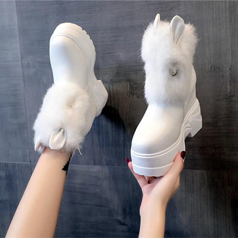 New Chunky Boots Women Rabbit Fur Waterproof High Platform Warm Sneakers Winter Leather Snow Boots 9.5CM Thick Sole Ankle Boots