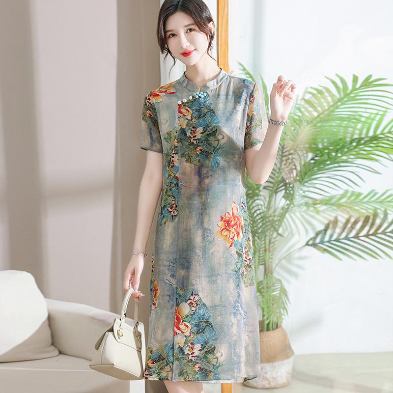 Printed Chiffon Cheongsam Dress - Women's Summer Mom Outfit, Mid-Length Temperament Style.