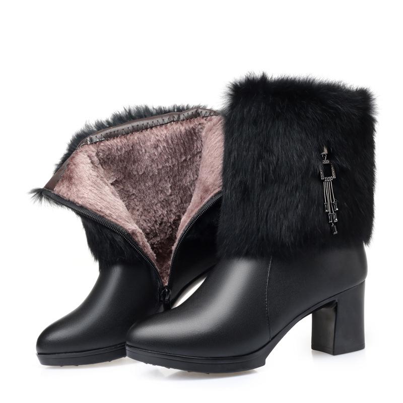 Winter leather women's boots high-heeled model catwalk boots rabbit fur mouth women's cotton boots thick heel cowhide short boots women's wool