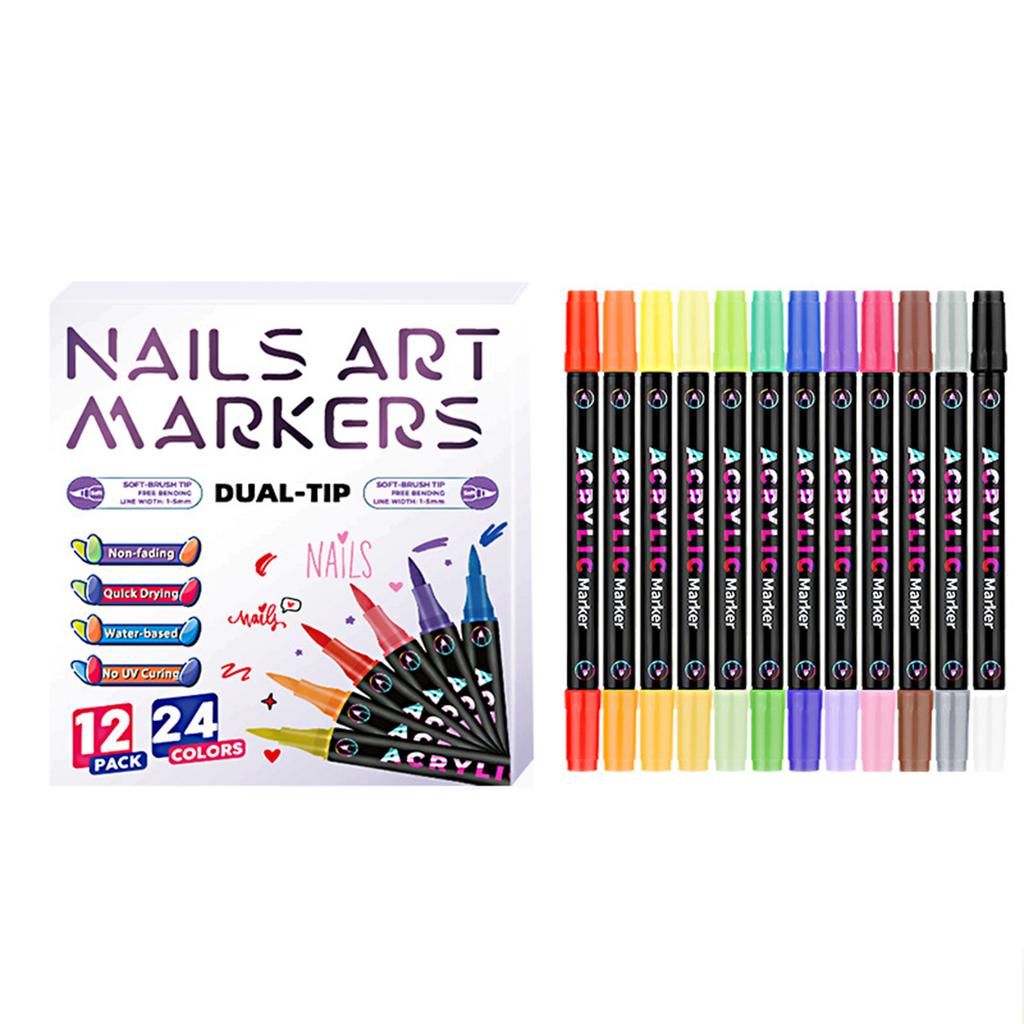 Doppelspitzen-Nagelkunst-Marker-Set 24 Farben 0,5 mm Feine Spitze Acrylfarbe Stifte Wasserdicht Schnelltrocknend Nicht verblassend Nageldesign-Werkzeuge für DIY