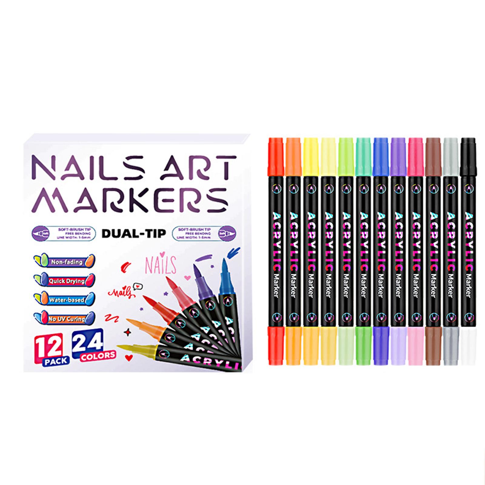 

0.5mm Needl Shaped 24 Color Double-ended Nail Pen Set, 24 Color And Quick-drying Acrylic Nail Markers For Board 12*3ml one size