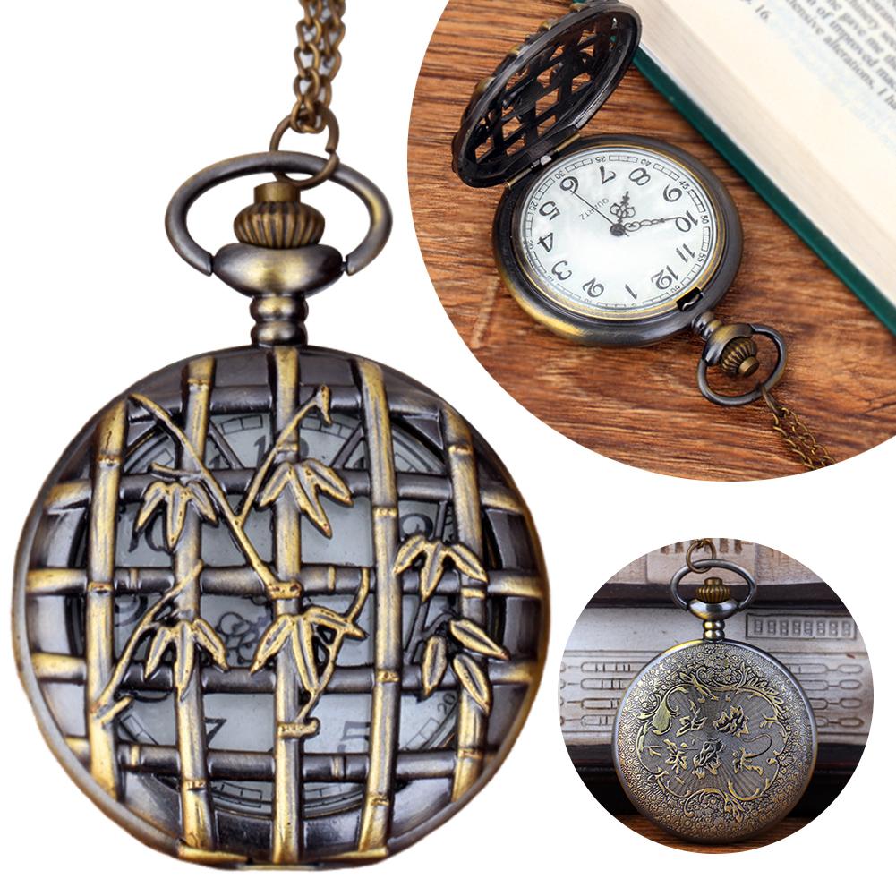 Vintage Pocket Watch Bronze Color Quartz Watch Cool Chain Hollow Love Heart Watches Necklace Pendant Gifts For Women Man