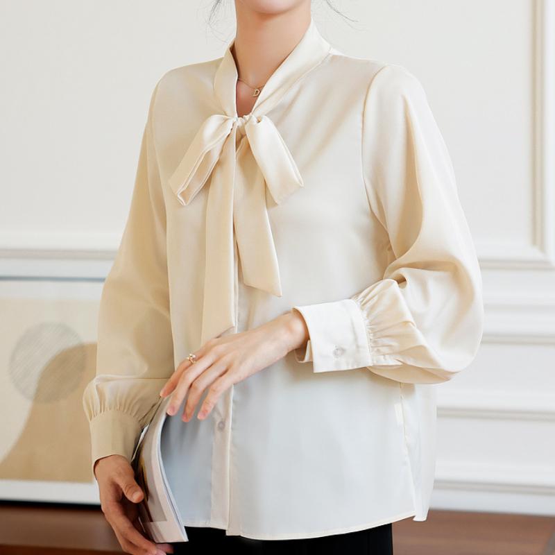 Mode Fliege Kragen Langarm Freizeit Hemd Damen Elegant Uni Schlicht Damen Blusen und Oberteile Vintage Slim Fit Weiße Bluse Damenbekleidung 25852