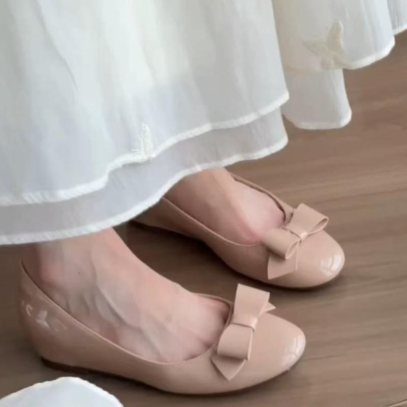 Non-tiring Feet French Inside Heightened Patent Leather Bow Shallow Single Shoes Women's Small Round Toe Comfortable Flats