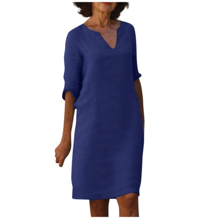 Retro High Waist V-Neck Cotton Linen Dress European American Style Solid Color Washed Wrinkled Fabric Three Quarter Sleeves