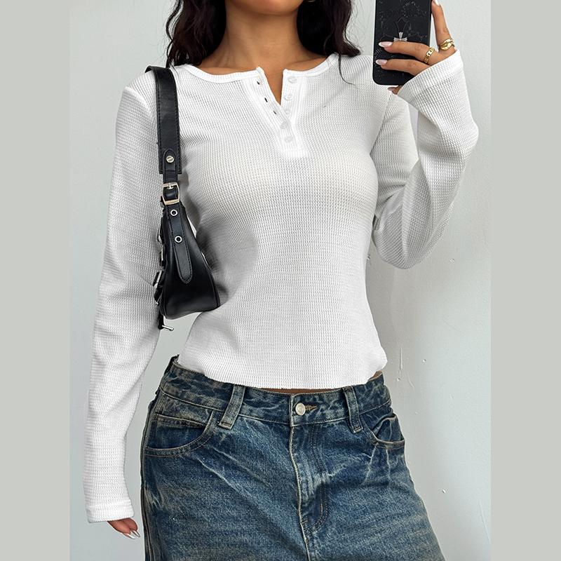 Ladies Autumn Winter Long Sleeve Button O Neck Solid Color Pullover T Shirt Top