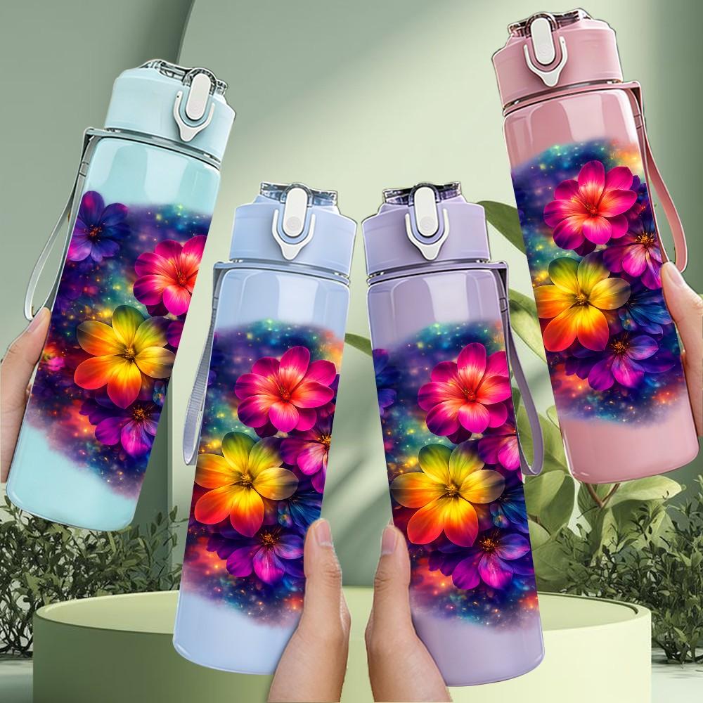 1PC Big Round Multicolor Flower Bouquet Print 750ml Color Plastic Sports Water Bottle Leakproof Flip Straw Lid Suitable for Sports Office Home Use