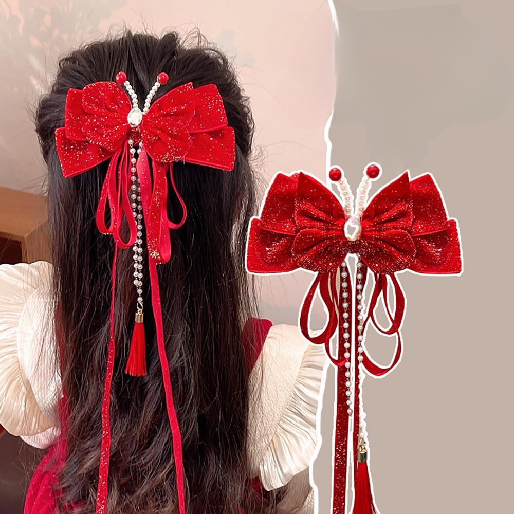 Headwear Red Bow Hair Clips Jewelry Tassels Pearl Barrettes Ribbon Hairpin  Hair Styling Accessory