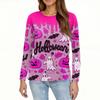 Women's Fashion Casual Slit Hem Round Neck Long Sleeve Loose Halloween Printed T-Shirt Ladies Top